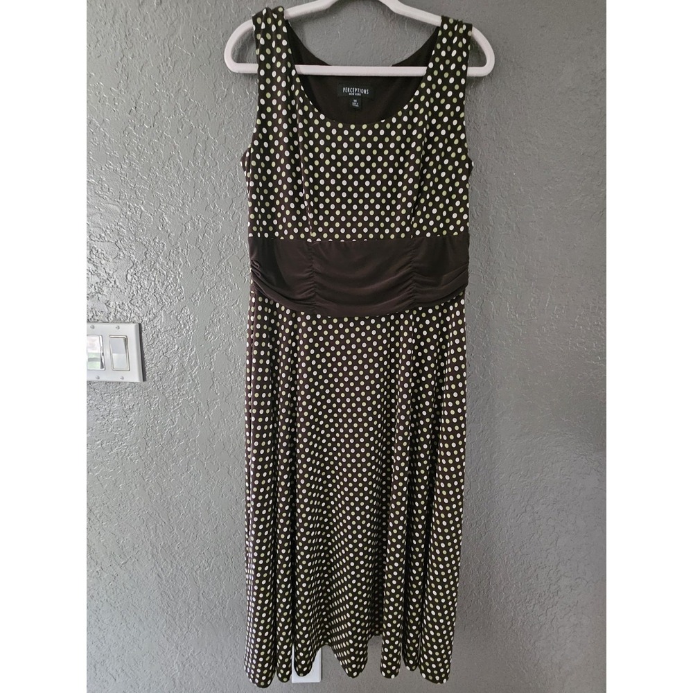 Retro 90s Brown Polka Dot Dress Size‎ 14 Dark Academia Ruched Waist Midi Tank